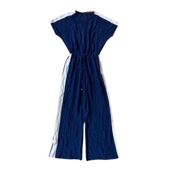 Tory Burch Colorblock Track Stripe Jumpsuit in Navy Blue White